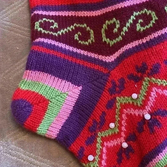 Crochet Christmas Stocking with Breading.  Red with Pink, Purple, Green & White. - Picture 7 of 9
